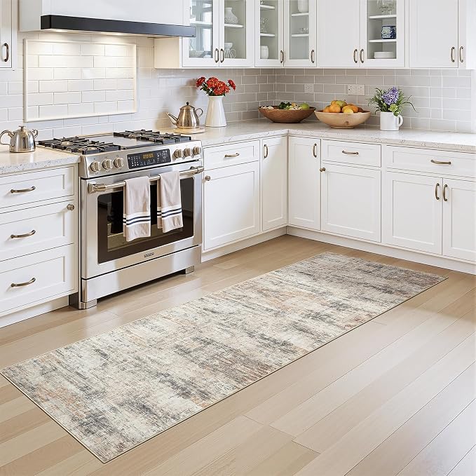 2X10 Area Rug for Hallways, Gold Abstract Washable Non-Slip Runner Rugs | Low Pile Runner Rugs, Soft Carpet for Kitchen Bathroom Bedroom Laundry, Stain Resistant Foldable Non-Shedding Distressed Rug