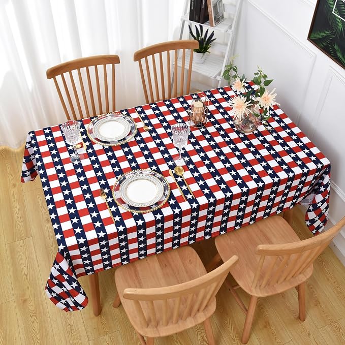 Classic 4th of July Tablecloth Fabric - Oblong 58x120 Water Resistant Chequered Memorial Table Cloth for Indoor/Outdoor Use - Tabletop Cover for Birthday, Picnics, Gardens， and Parties