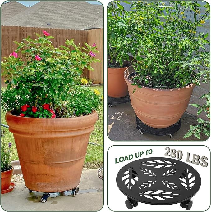 Planterhoma 2 Packs 14 Inch Rolling Plant Stand with Wheels Metal Plant Caddy with Wheels Heavy Duty Plant Rollers with Wheels Round Wrought Iron Plant Stand with Clear Saucers, Matte Black