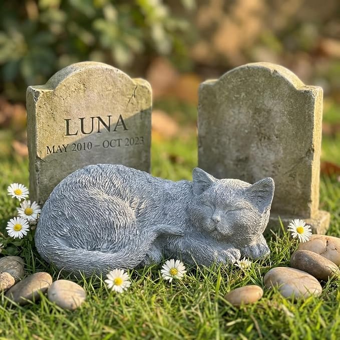 Cat Garden Statue Decoration, Memorial Stone Peaceful Sleeping Figurine for Patio Lawn Porch, 11.5" Cat Memorial Statue Grave Markers and Loss Pet Sympathy Gift