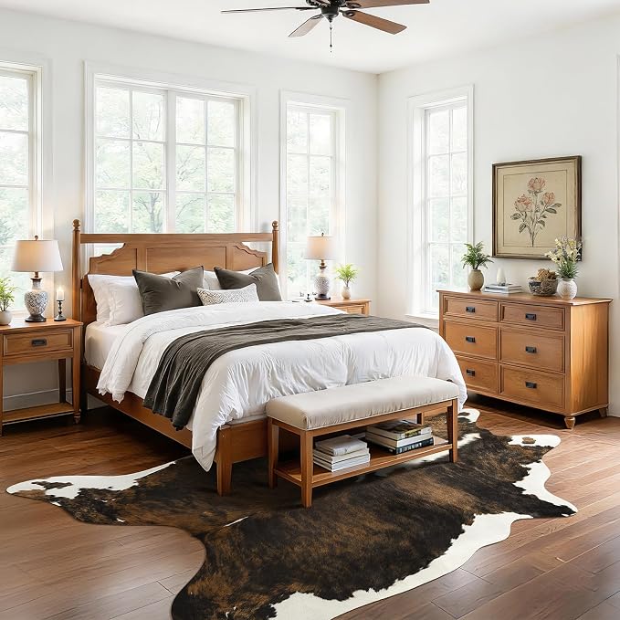BENRON Faux Cowhide Rug, Cow Print Rug for Living Room Bedroom 4.6x5.2ft | Western cow hide rug for Cowboy Cowgirl Home Decor, Washable Rugs with Irregular Animal Skins and Hides Non Slip, Brown