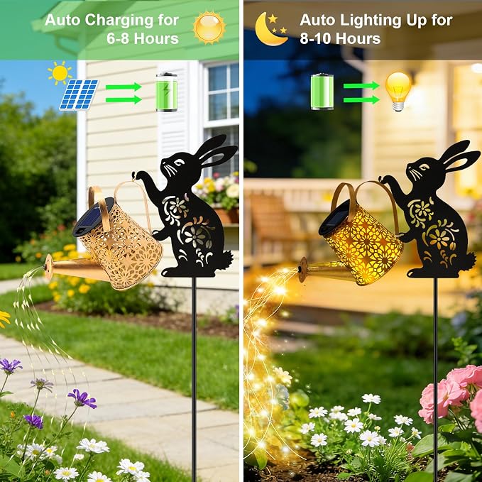 Solar Watering Can Lights, 2 Pack Bunny Hanging Lantern Solar Lights Outdoor, Rabbits Lover Gifts for Mom Women Birthday Mother's Day, Waterproof Garden Decor Outside Patio Yard Pathway Backyard