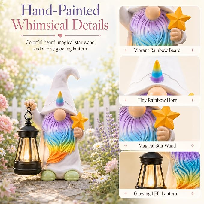 Solar Unicorn Gnome Garden Decor: Outdoor Sculpture with Lantern | IP65 Weatherproof for Yard Balcony Porch Lawn Birthday Gifts for Mom Women Grandma