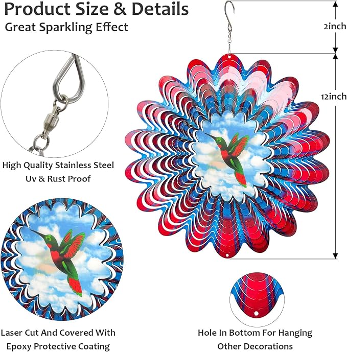Hummingbird Wind Spinner - 3D Animated Wind Spinners, Garden Decor | 12 inch Kinetic Hanging Sculpture - Creates Flying bird Animation Effect. Outdoor Decoration, Gifts for Women/Men & Christmas