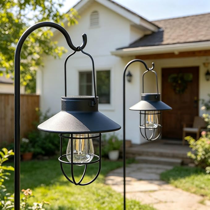 Solar Lanterns Outdoor Waterproof,4pack Hanging Solar Lights Lantern Lamp with Shepherd Hook, Metal Waterproof Edison Bulb Lights for Garden Outdoor Pathway