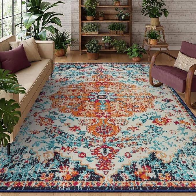 Lahome Reine Boho Rugs for Living Room 8x10, Washable Bedroom Area Rug Soft Low Pile Dining Room Rugs for Under Table,Vintage Non Slip Indoor Floor Carpet for Playroom Office (8x10 Orange)