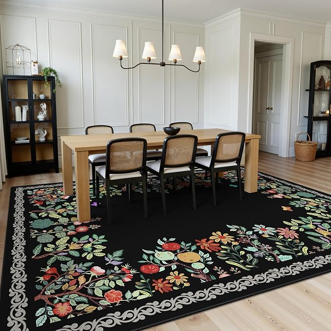8x10 Area Rugs, Eco-Friendly Floral Washable Rug, Large Rugs for Living Room, Dining Room, Non-Slip Soft Durable Bedroom Rug（Black）