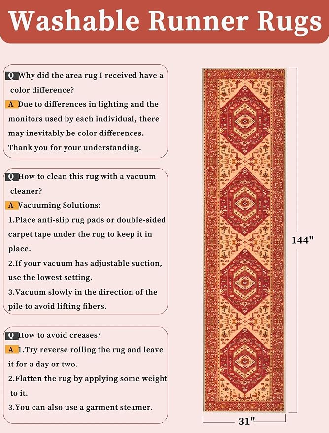 SERISSA 2'6"x12' Washable Non Slip Boho Runner Rug for Hallway，Red | Ultra Soft Vintage Oriental Carpet Low-Pile Tribal Floor Carpet for Kitchen Bedroom Entryway Bathroom Laundry Room