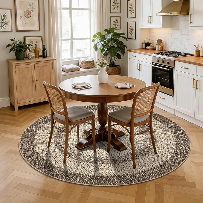 RUGSREAL Modern Bordered Round Area Rug 4ft Washable Bedroom Circle Rugs | Non Slip Stain Resistant Dining Room Round Throw Carpet Contemporary Circle Mats for Living Room Kitchen Nursery, Camel