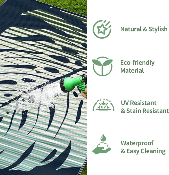 GENIMO Outdoor Rug 6' x 9' Waterproof for Patio Clearance, Reversible Plastic Straw Camping Mat, Lightweight Carpet for Rv, Camper, Deck, Porch, Picnic, Balcony, Beach, J.Blue & Green