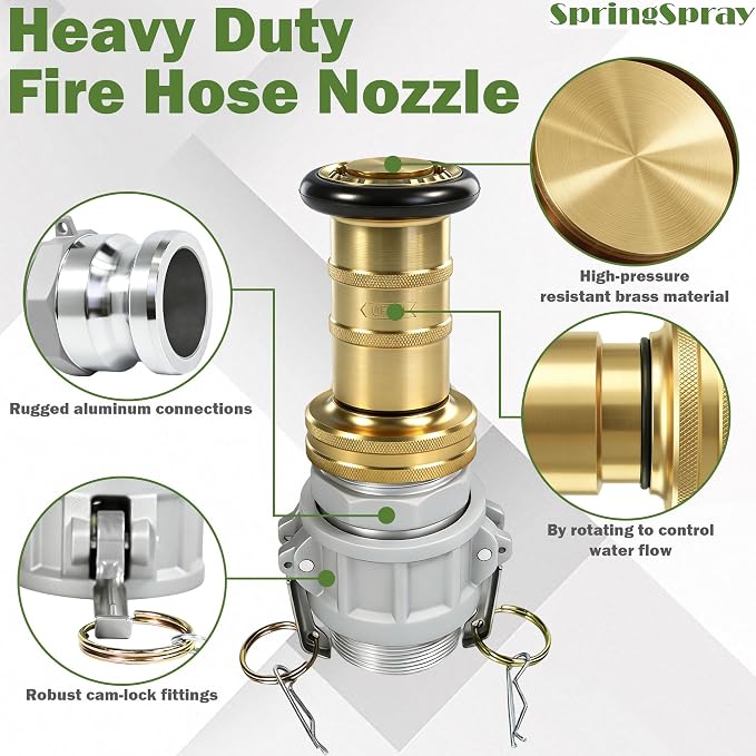 2" NPSH Brass Industrial Fire Hose Nozzle with 2 x Aluminum 2 inch Camlock Fittings Couplings Fire Equipment Constant Flow Heavy-Duty Fog Nozzle