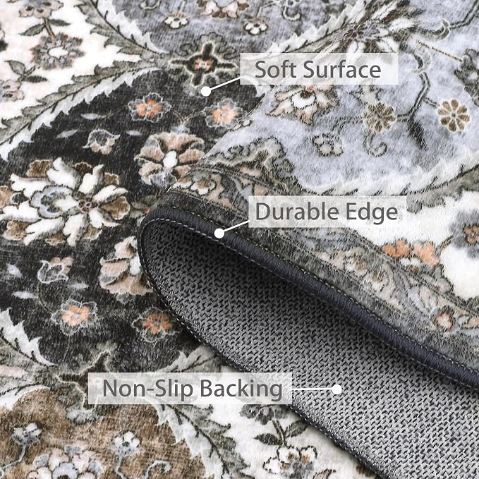 ROYHOME Area Rug 5x7 Moroccan Trellis Machine Washable Rug, Grey/Taupe | Vintage Medallion Distressed Carpet Stain Resistant Non-Slip Accent Rug Floor Cover Farmhouse Dining Bedroom Decor