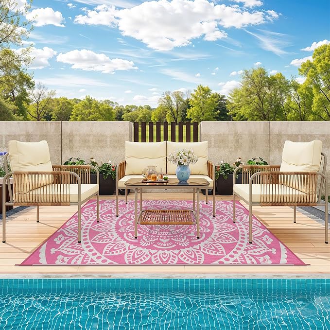 Bsmathom Waterproof Outdoor Rug 6'x9' Reversible Boho Plastic Straw Patio Deck Camping Rugs, Indoor Outdoor Portable RV Mat Clearance Carpet for Outside, Porch, Balcony, Backyard, Beach, Pool,Pink