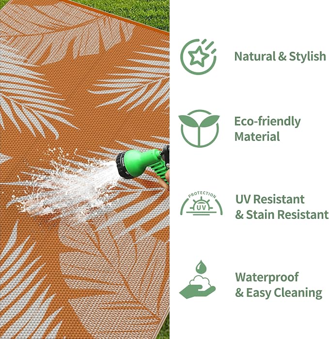 GENIMO Outdoor Rug 6' x 9' Waterproof for Patios Clearance, Reversible Outdoor Plastic Straw Camping Rug Carpet, Large Area Rugs Mats for RV, Camper, Deck, Balcony, Porch, Beach, Picnic, Orange&White