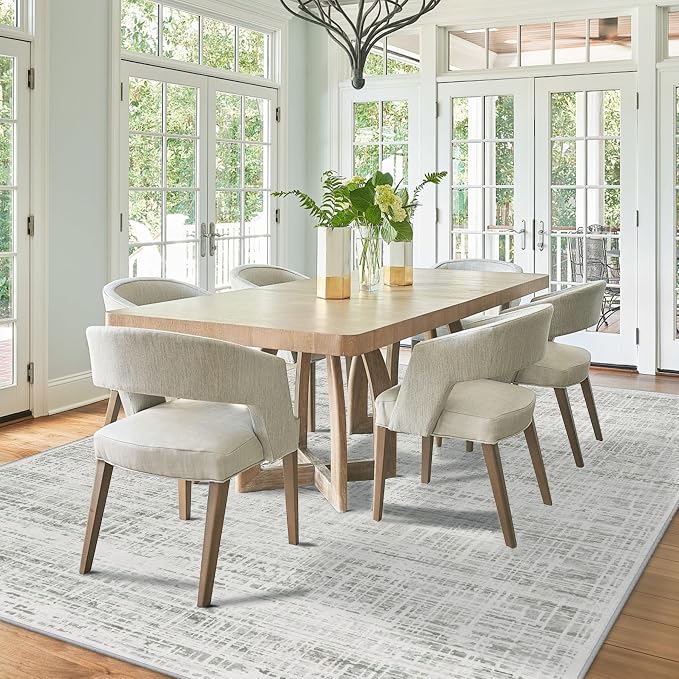 9x12 Washable Area Rug for Living Room Bedroom: Non-Slip Modern White Gray | Machine Washable TPR Backing, Stain-Resistant Low Pile, Pet & Kid Friendly, Abstract Decor for Dining Room, Dorm, Home Office