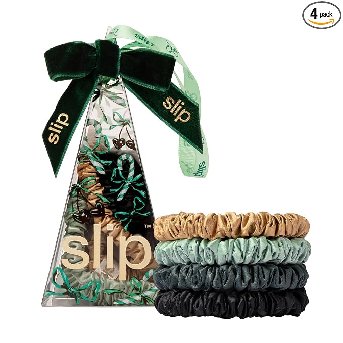 slip Skinny Scrunchies in Sweetie Pie Ornament Packaging: Anti-Crease, Anti-Breakage Slipsilk™ Design Protects Delicate Hair | Includes 4 Pure Silk Scrunchies