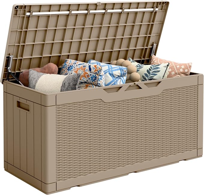 Flamaker Outdoor Storage Box 100 Gallon Waterproof Resin Deck Box Delivery Box with Air Rod Indoor Outdoor Lockable Storage Bench for Patio Cushions, Tools, Pool Accessories (Brown)