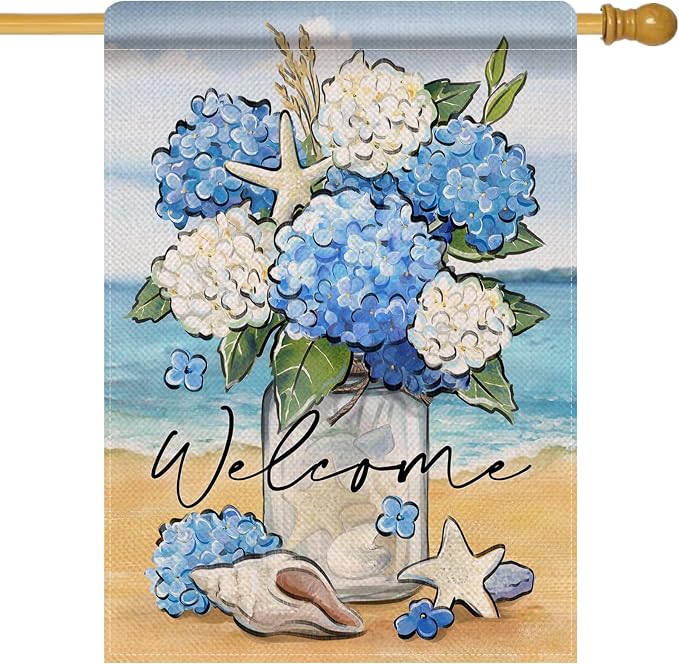Artofy Welcome Spring Summer Flower Large Decorative House Flag, Hydrangea Floral Mason Jar Beach Coastal Yard Garden Outside Decor, Nautical Conch Starfish Outdoor Home Decoration Double Sided 28x40