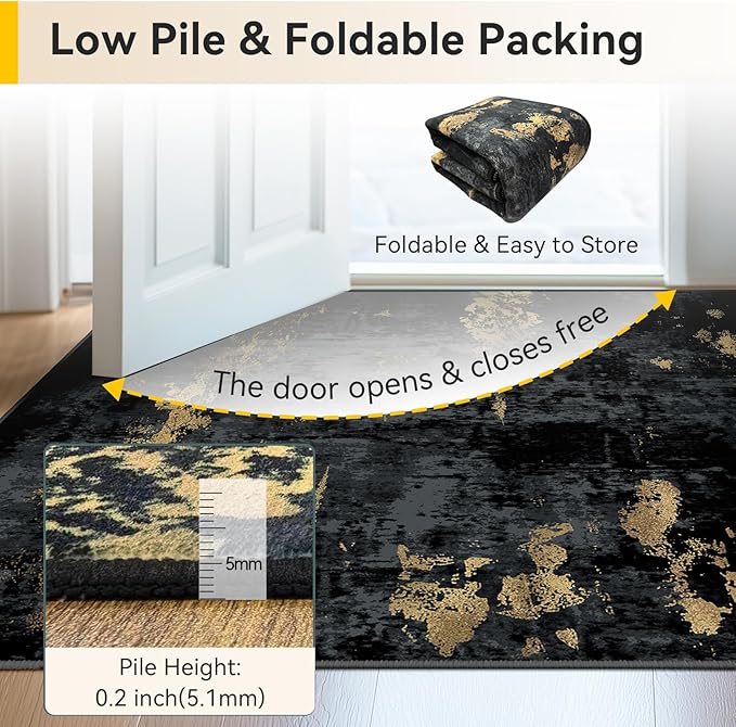 RELEANY Washable 3'x4' Abstract Area Rug for Living Room Black Gold | Carpet for Bedroom, Kitchen, Office, Hallway and Entryway, Printed Pattern, Non‑Slip, Soft, Stain‑Resistant, Easy to Clean