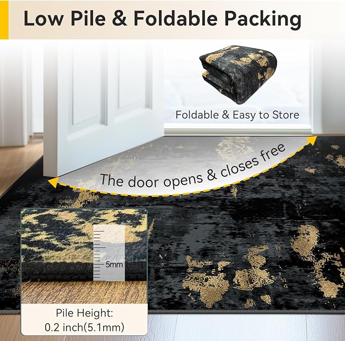 RELEANY Washable Runner 2'x6' Abstract Area Rug for Hallway Black Gold | Carpet for Kitchen, Entryway, Bathroom, Living Room, Bedroom, Printed Pattern, Non‑Slip, Soft, Stain‑Resistant, Easy to Clean
