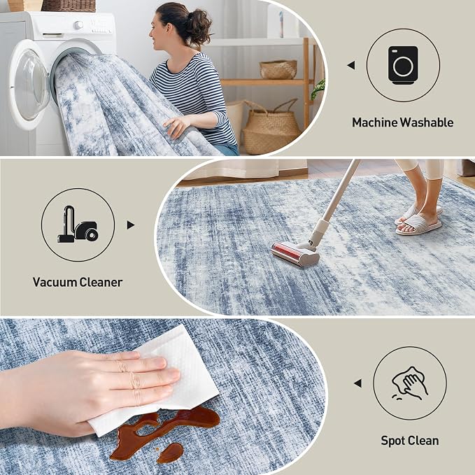 10x14 Area Rugs for Living Room: Washable Abstract Blue White Carpet | Non-slip TPE backing makes this washable soft low-pile rug safe & durable, Pet-friendly decor for dining room,nursery,office