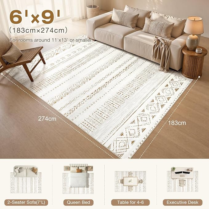 cotiled 6x9 Area Rugs for Living Room: Boho Washable Rug for Dining Room | Solve Modern Neutral Trendy Home Decor - Stain Resistan Carpet for Bedroom Nursery Brown Cream