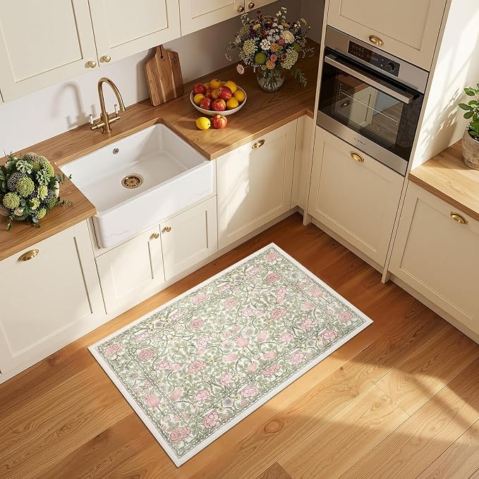 GarveeHome Pink Green Beige Floral Washable 2x3 Rug for Entryway Door Mat | Kitchen Bathroom Girls Bedroom Dorm Rug Vintage Boho Small Rugs Low-Pile Non-Slip Stain Resistant TPE Backing