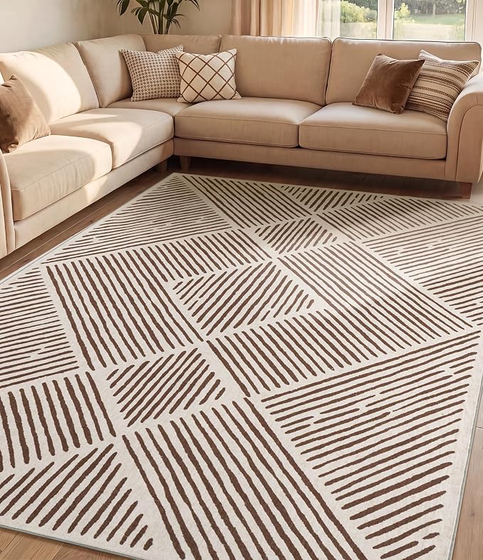 5‘x7' Washable Brown and Cream Area Rug for Living Room | Non-Slip, Soft, Low Pile, Stain Resistant, Large Farmhouse Geometric Stripe Tan Rug for Bedroom Dining Room