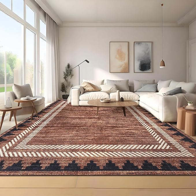 GarveeHome Washable 9x12 Area Rug Christmas Red Rugs for Living Room Bordered Neutral Rug,Modern Geometric Rug for Farmhouse Non Slip Soft Non Shedding Low Pile Neutral Carpet for Open Spaces Office