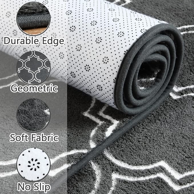 Chicrug 7x10 Shag Geometric Modern Area Rug for Bedroom Living Room | Memory Foam Indoor Carpet, Fluffy Rug for Bedside Room for Family Girls Kids Play Mat, Dark Grey and White
