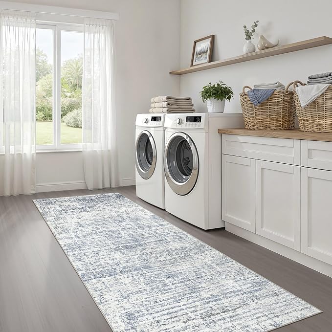 LOONGRUG Runner Rug 2x6 Machine Washable Non-Slip Kitchen Neutral Rug Blue | Abstract Modern Soft Stain Resistant Indoor Accent Throw Carpet for Hallway Bathroom Laundry Room Bedroom Entryway