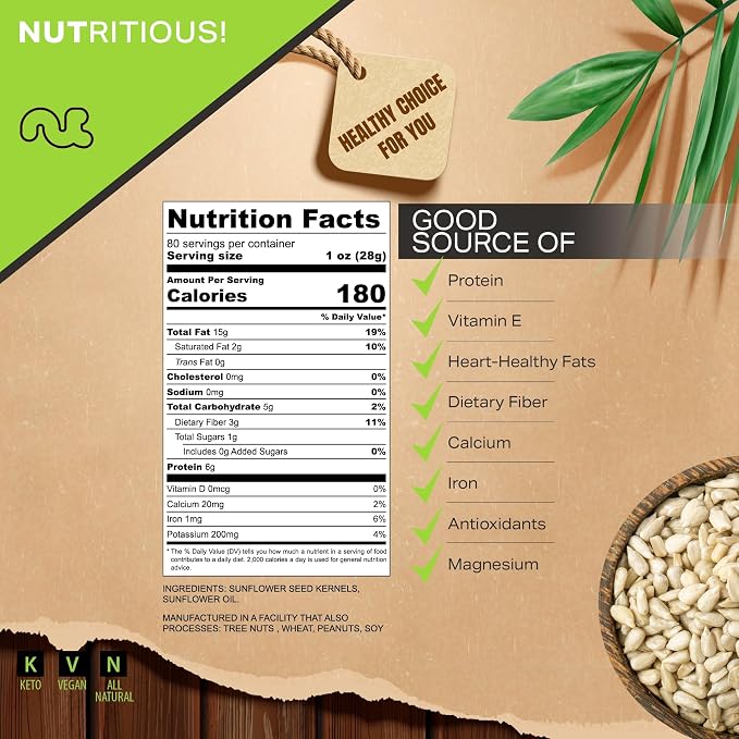 NUT CRAVINGS - Roasted Unsalted Sunflower Seeds Kernels to eat, No Shell Hulled (80oz - 5 LB) Bulk Nuts Packed Fresh in Resealable Bag - Healthy Protein Snack, Food Assortments