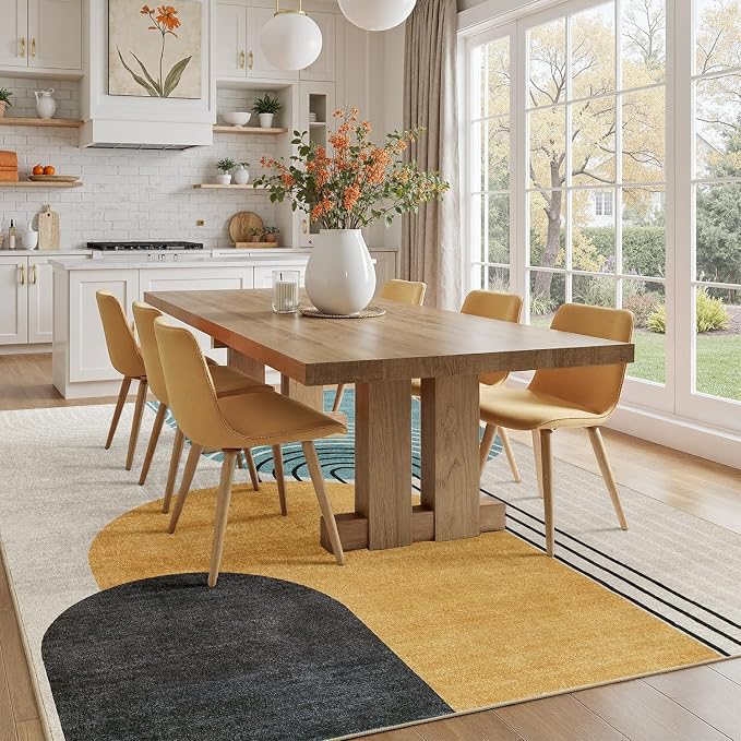 DCX Abstract Washable 6x9 Rug, Non Slip Low Pile Rug, Blue & Yellow | Rugs for living room, bedroom, dining room, office, soft, mid century modern rug, sain resistant indoor carpet, home decor