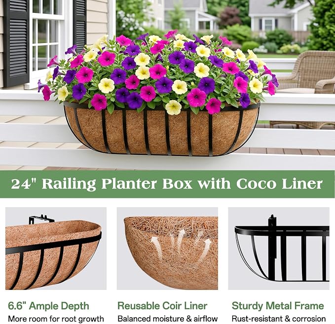 ZeeDix 4 Pack 24 Inch Railing Planter Box, Metal Window Boxes with Coco Liners for Railing, Hanging Flower Boxes for Deck Porch Balcony & Fence Outdoor Indoor Lawn