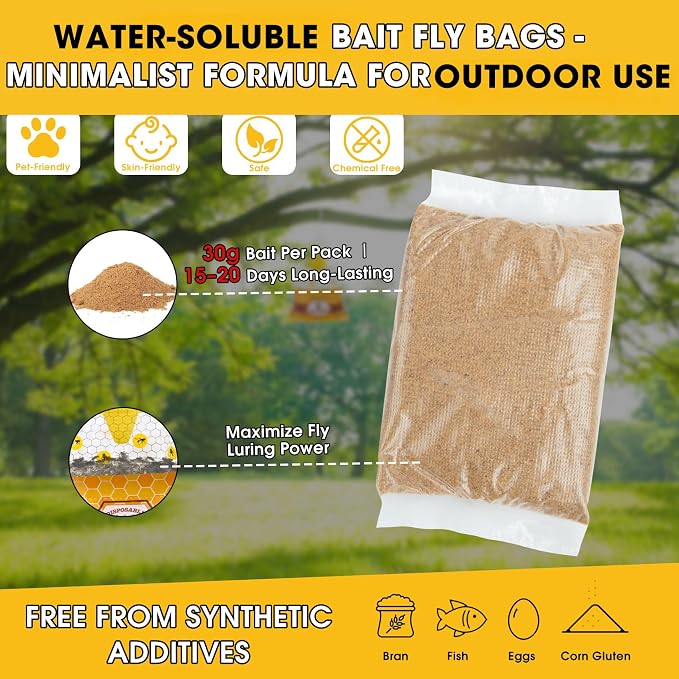 4-Pack Outdoor Fly Traps | Fly & Mosquito Killer for Farm, Garden, Ranch, Barn, and Stable | Dissolvable Bait Fly Hunter for Flying Insects, No Messy Cleanup, Weatherproof Outdoor-only Use, Ideal for Coops & Farms