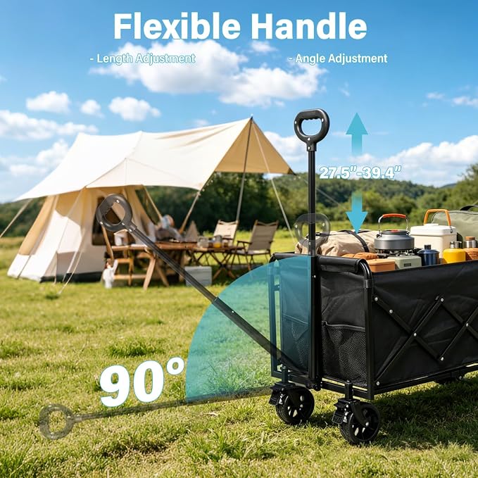 Collapsible Wagon Cart with All-Terrain Wheels - Folding Utility 500LBS Heavy Duty Wagons Carts for Grocery Sports Garden Shopping Camping Fishing (Black, 220L)