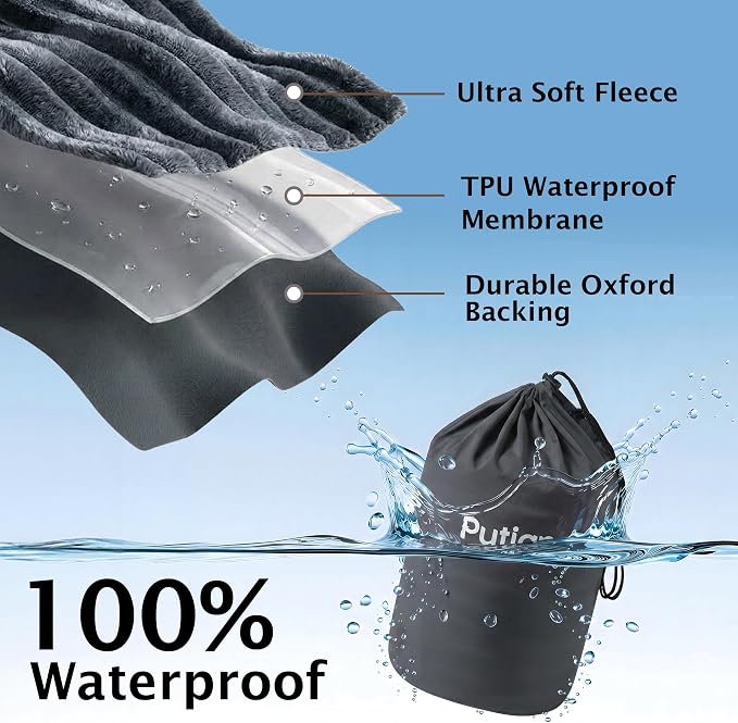 PuTian Waterproof Outdoor Blanket 79"X57" Packable, Stadium & Car Camping Blanket with Corduroy Fleece Lining, Windproof Throw for Picnic Hiking Road Trip, Machine Washable, Dark Grey 350GSM