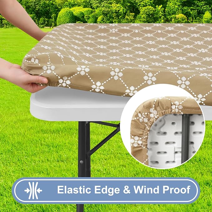 misaya Rectangle Vinyl Table Cloth, Elastic Fitted Tablecloth with Flannel Backing, Waterproof Plastic Table Cover Fits 8 Foot Folding Tables for Picnic, Camping, Indoor and Outdoor (Khaki, 30" x 96")