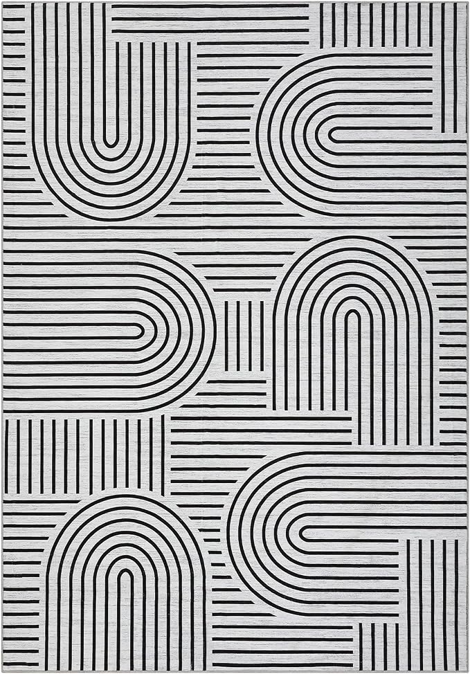 ROYHOME Modern Washable Rug Rainbow 3x5 Area Rugs for Living Room Non Slip | Abstract Rug for Bedroom, Throw Rugs with Rubber Back, Low Pile Stain Resistant Geometric Carpet for Playroom Dorm BlackWhite