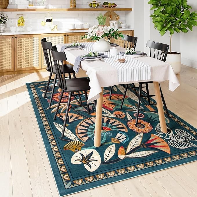 Zealude Boho Egypt Green Area Rugs for Living Room Bedroom, 5x7 Washable Large Dining Room Rug Non Slip, Floral Vintage Farmhouse Throw Carpet for Office Hardwood Floor Playroom (Dark Green,5 x 7)
