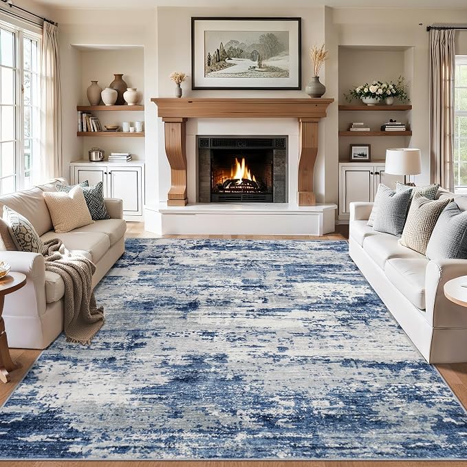 PLHXFR 6x9 Area Rug Living Room: Abstract Washable Carpet Blue Gray | For Bedroom Dining Room Farmhouse Nursery Home,Machine washable,Non Slip,Large Soft Neutral,Stain Resistant, Indoor Floor