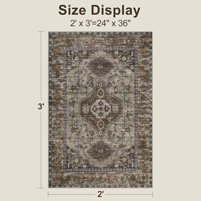 Tangsoo Vintage 2x3 Washable Entryway Rugs, Non Slip Small Area Rug | Oriental Indoor Front Door Rug, Boho Print Door Mat Low Pile Throw Rugs for Entrance Entry Kitchen Bedroom Bathroom Grey