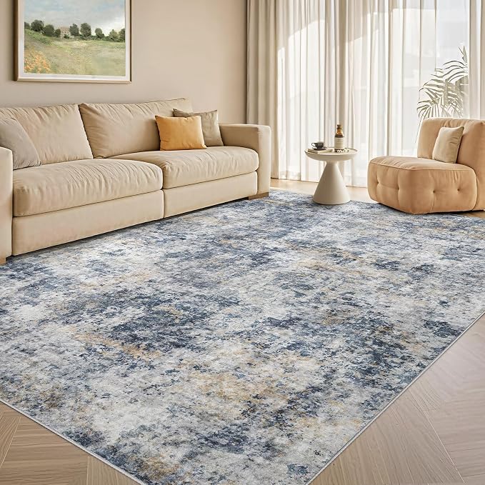 Tortania Washable 7x9 Area Rug for Living Room: Modern Abstract Neutral Large Soft Thin Rugs - Non Slip Indoor Carpet for Bedroom Dining Room Office Nursery Home Floor Decoration - Blue Grey