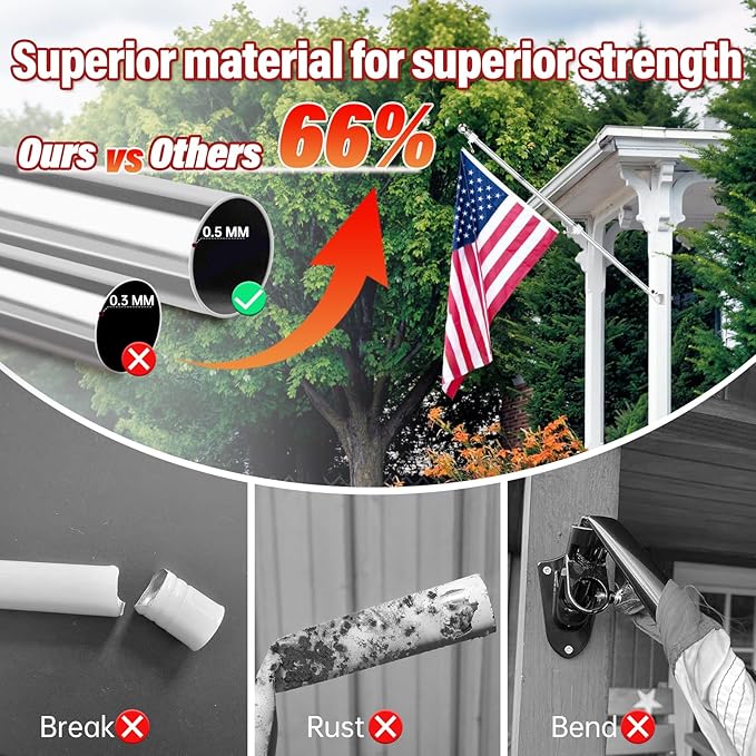 ZMTECH 2 Pcs 6FT Flag Pole for Outside House with Solar Light, 180° Adjustable Flag Holder, Tangle Free Stainless Steel Flag Pole for Outside House, Silver (No Flag Included)