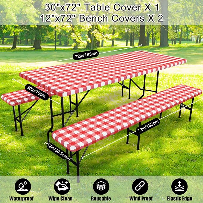 Smiry Picnic Table Cover with Bench Covers, Waterproof Elastic Fitted Tablecloths for 6 Foot Rectangle Tables, Washable Buffalo Plaid Tablecloth for Camping & BBQ (Red & White, 30"x72")