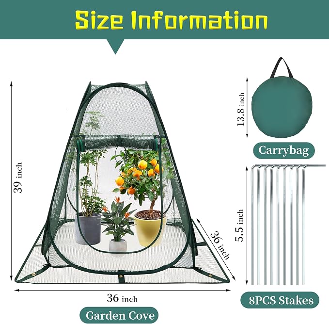 Pop up Garden Netting Cover Plant Guard Cover with 8 Stakes Bird Plant Tent Protector for Vegetables Fruits Flowers (1, 36 * 36 * 39 inch)