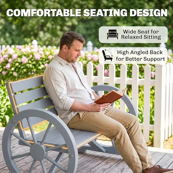 Outsunny 41" Wooden Wagon Wheel Bench, Rustic Outdoor Patio Weather Resistance Furniture, 2-Person Slatted Seat with Backrest, Light Gray