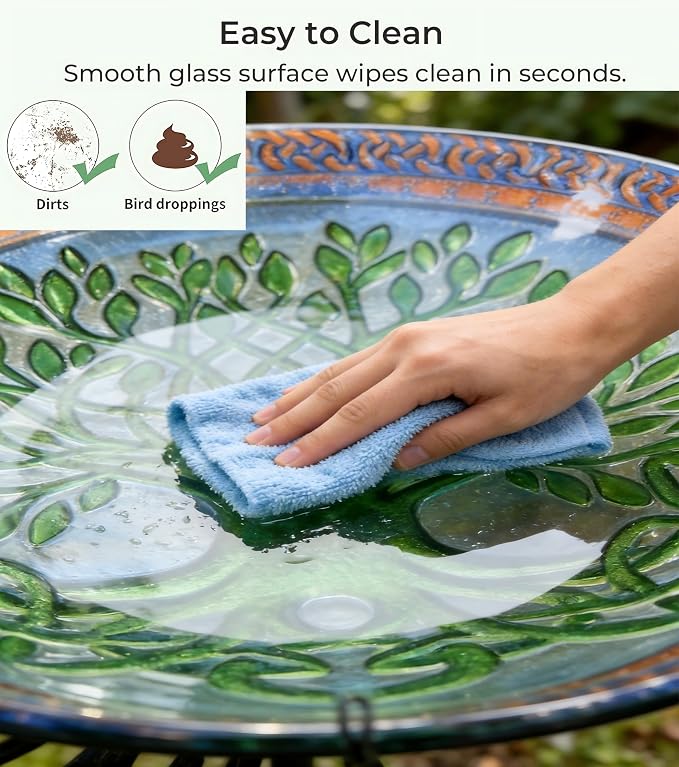 Large Bird Bath for Outside, Glass Bath Bowl with Metal Stand 28" H Standing Outdoor Birdbaths for Garden Yard Lawn Decor, Tree of Life-New