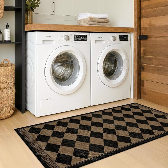 Brown and Black Easy Jute Runner Rug 2x5 for Laundry Room, Non Skid Washable Checkered Entryway Runner Rug, Boho Low Pile Diamond Carpet for Kitchen, Bathroom, Scandinavian Minimalist Style