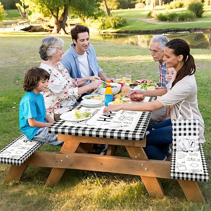 Picnic Table Cover with Bench Covers Elastic Edges Outdoor Camping Essentials 4 Pcs Plaid Waterproof Oil-Proof Tablecloth with Handbag for RV Accessories Farmhouse Camping Rustic Party Decor 72 IN